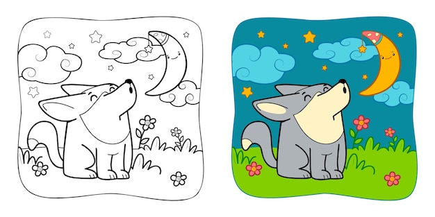 Libro para colorear o página para colorear para niños Lobo vector clipart Fondo de la naturaleza