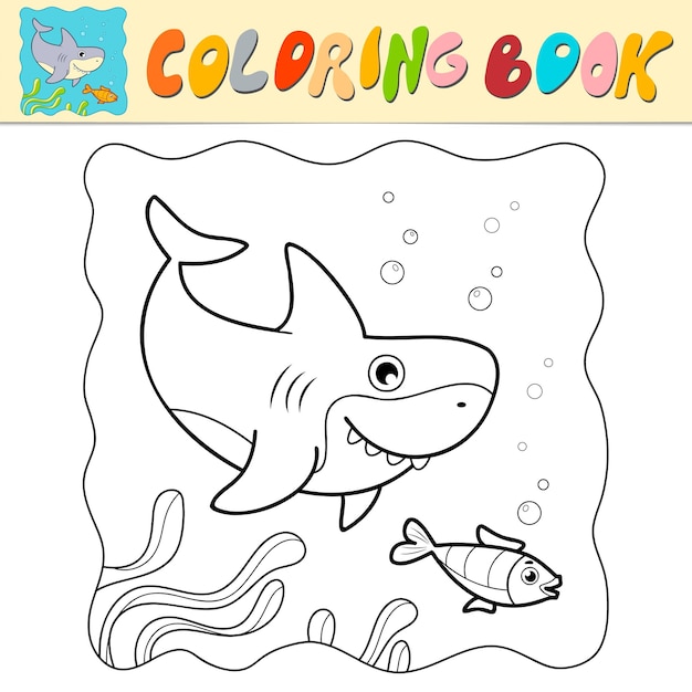 Libro para colorear o Página para colorear para niños Tiburón vector blanco y negro Fondo marino