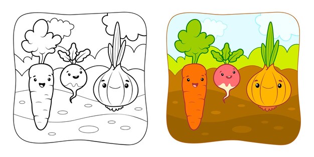 Libro para colorear o página para colorear para niños Verduras vector clipart Fondo de la naturaleza