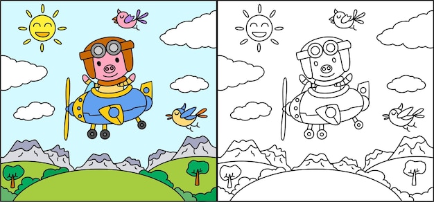 Libro para colorear o página de dibujos animados cerdo conduciendo un avión