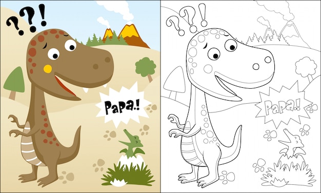 Libro para colorear o página de dibujos animados de dinosaurios divertidos
