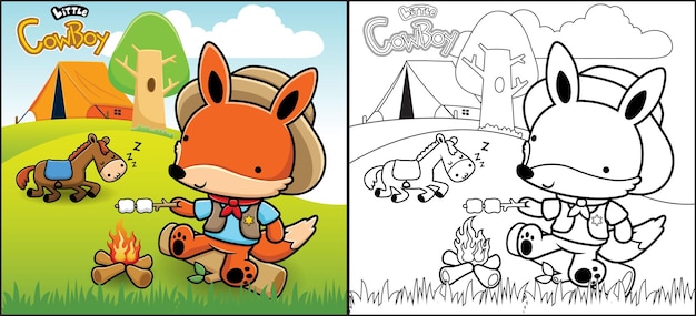 Libro para colorear o página de dibujos animados de fox vistiendo traje de vaquero asando carne en el campamento mientras tanto el caballo durmiendo sobre el césped