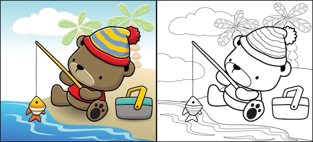 Libro para colorear o página de dibujos animados lindo oso con gorro de pesca en la playa