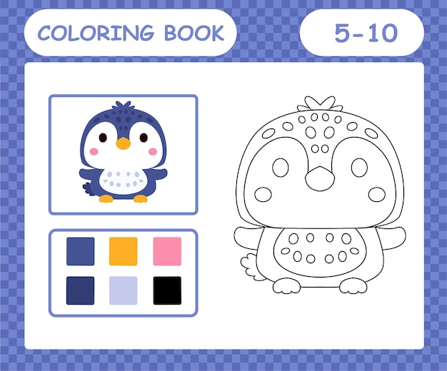 Libro para colorear o página de dibujos animados lindo pingüino, juego educativo para niños de 5 y 10 años de edad