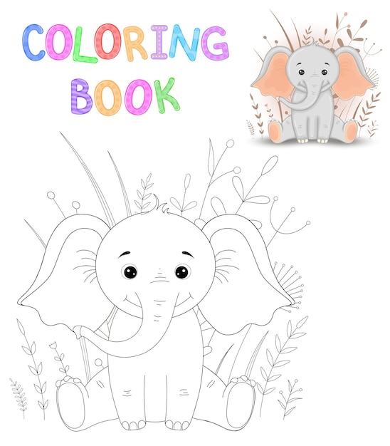 Libro para colorear o página para niños en edad escolar y preescolar. desarrollando la coloración de los niños. ilustración de dibujos animados de vector con lindo elefante.