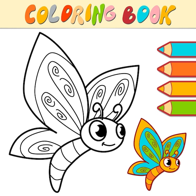 Libro de colorear o página para niños. ilustración de mariposa en blanco y negro