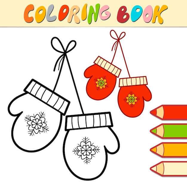 Libro de colorear o página para niños. Ilustración de vector blanco y negro de mitones de Navidad