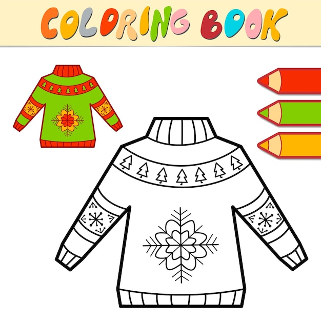 Libro de colorear o página para niños. Ilustración de vector blanco y negro de suéter de Navidad