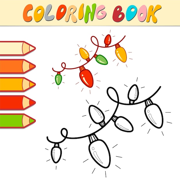 Libro de colorear o página para niños. Ilustración de vector de guirnalda de Navidad blanco y negro