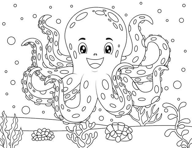 Libro para colorear o página para niños Octopus ilustración vectorial en blanco y negro estilo doodle