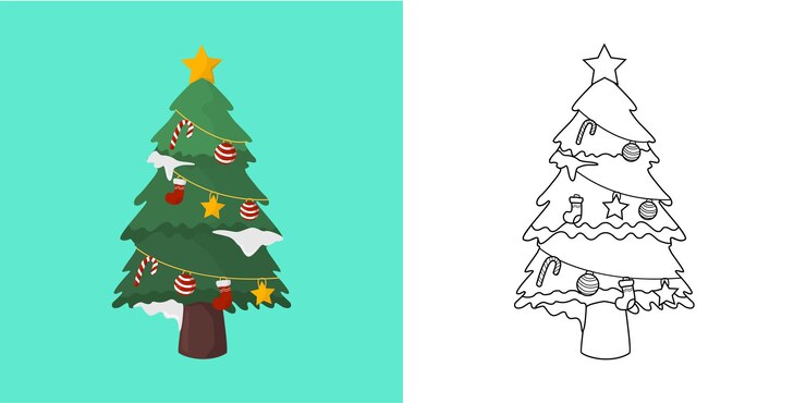 Vector libro para colorear con objeto de navidad árbol de navidad