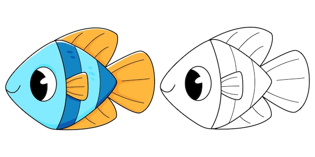 Vector libro para colorear de peces con ejemplo para colorear para niños página para colorear pez azul monocromo y color