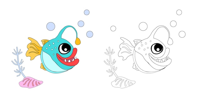 Libro de colorear peces pescador con conchas burbujas y algas en el océano para carteles impresiones en la ropa