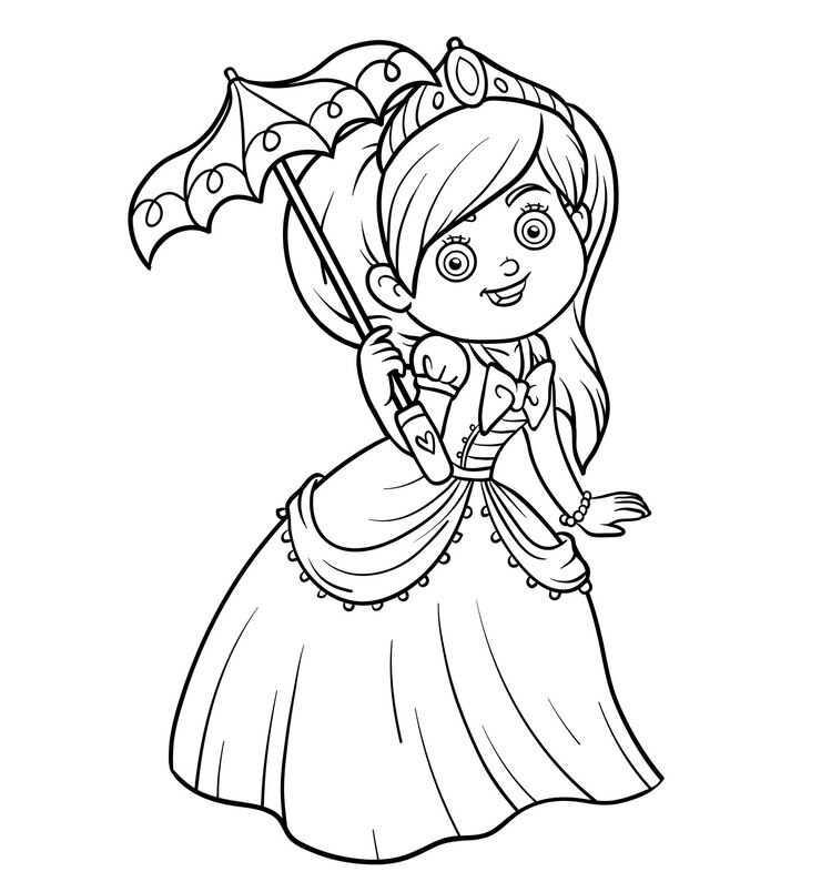 Vector libro de colorear, personaje de dibujos animados, princesa con paraguas