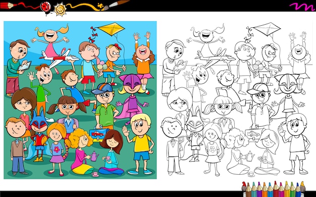 Vector libro de colorear de personajes de niños juguetones.