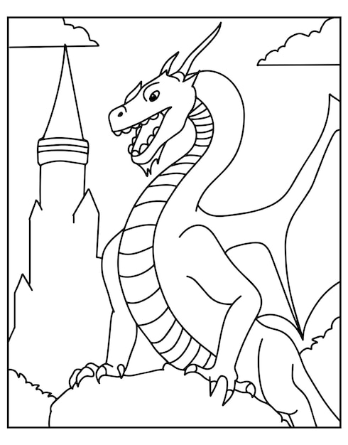 libro de colorear pose de dragón lindo de pie en la ilustración del castillo