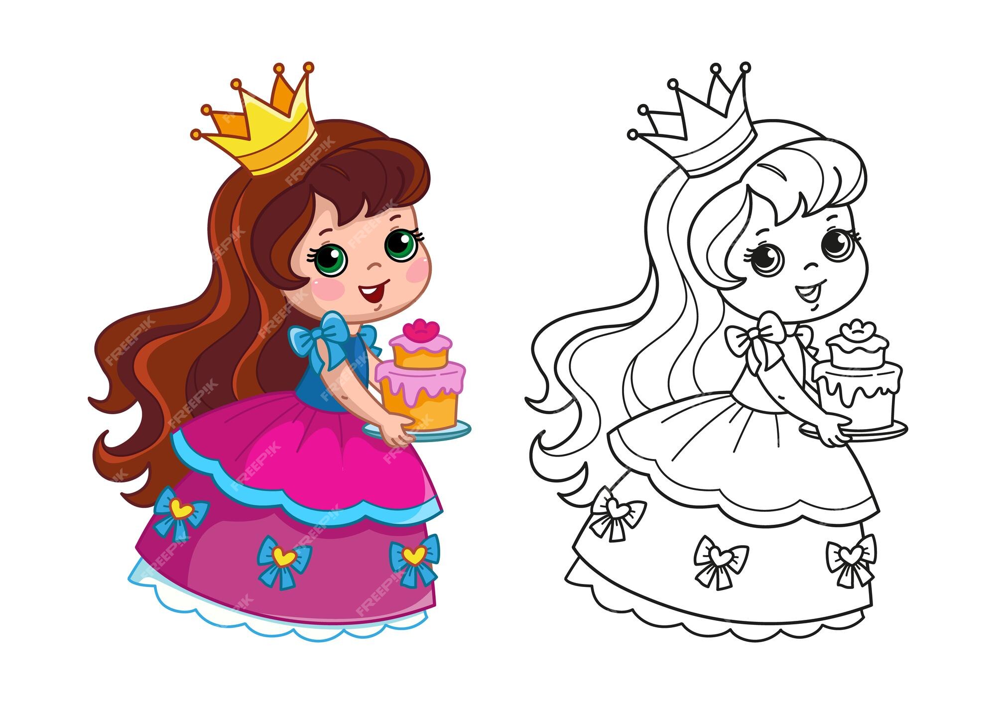 Oswald Mojado ventilación Libro para colorear con una princesa en un hermoso vestido rosa esponjoso sosteniendo un pastel conjunto niña y línea negra | Vector Premium Oswald Mojado ventilación Libro para colorear con una princesa en un hermoso vestido rosa esponjoso sosteniendo un pastel conjunto niña y línea negra | Vector Premium