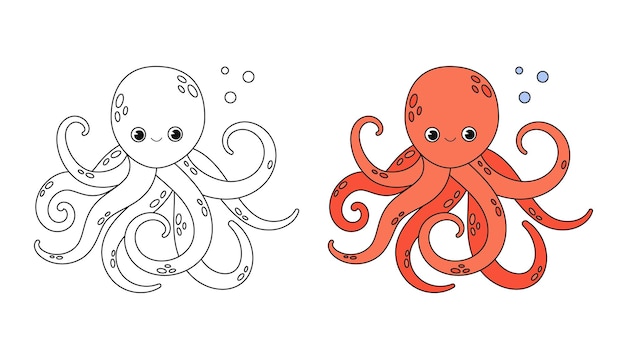 Libro de colorear pulpo para niños personaje alegre ilustración vectorial