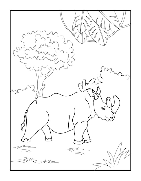Libro para colorear de rinoceronte para niños Páginas para colorear de animales salvajes para niños