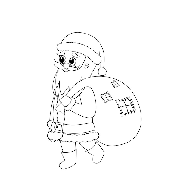 Libro para colorear Santa Claus lleva saco con regalos Blanco y negro Santa Color me Vector