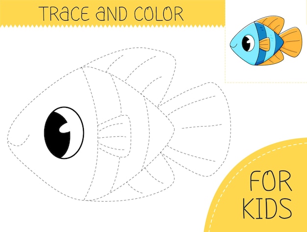 Libro para colorear de trazos y colores con lindos peces para niños Página para colorear con peces de dibujos animados