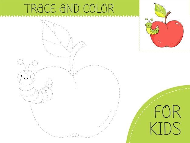 Libro para colorear de trazos y colores con manzana y gusano Página para colorear con dibujos animados de manzana y oruga