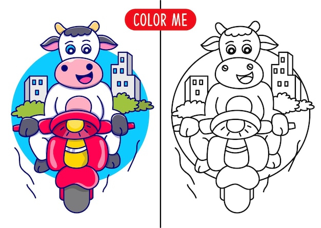 Libro para colorear con vaca montando una motocicleta ilustración de dibujos animados para niños