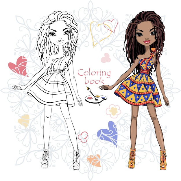 Libro de colorear vectorial de linda chica africana de moda