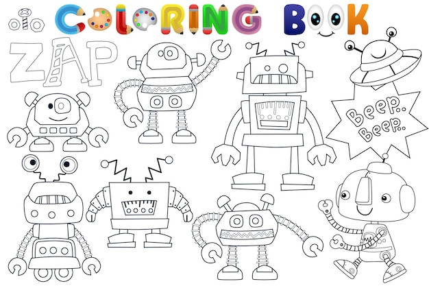 Libro de colorear vectorial con robots divertidos
