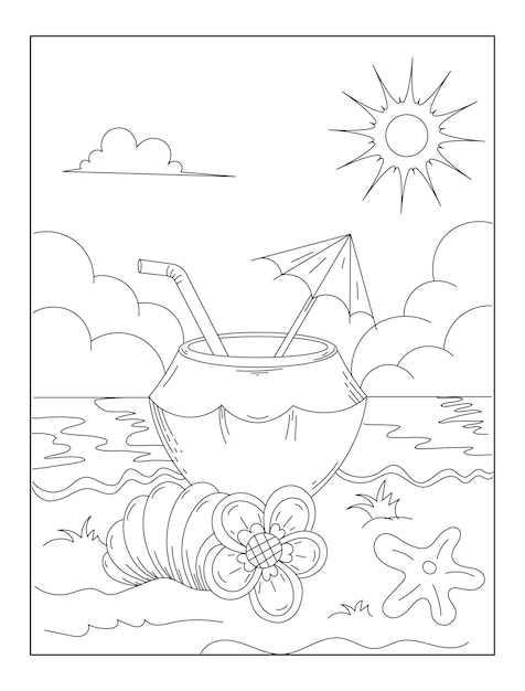Libro de colorear de verano para niños y adultos coco con paja en la playa contorno dibujado a mano para colori
