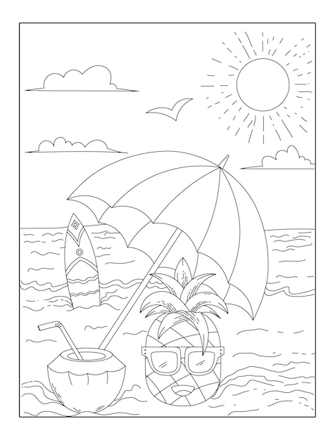 Libro de colorear de verano para niños y adultos piña y coco bajo paraguas contorno de playa