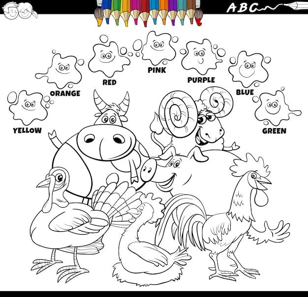 Libro de colores de colores básicos con personajes de animales de granja.
