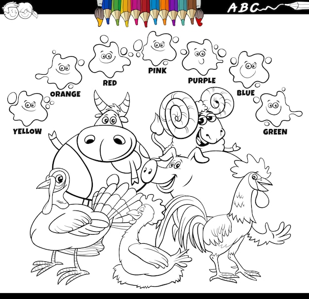 Vector libro de colores de colores básicos con personajes de animales de granja.