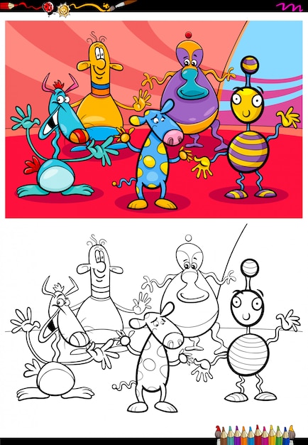 Libro de colores grupales de personajes extraterrestres o monstruos