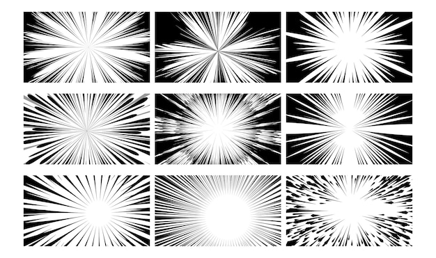 Libro cómico. explosión de rayos de acción de textura en blanco y negro. ilustración de diseño monocromático abstracto. conjunto de portada de viñeteado de línea de velocidad de cómic radial. marco de dibujo con un potente haz de rayos