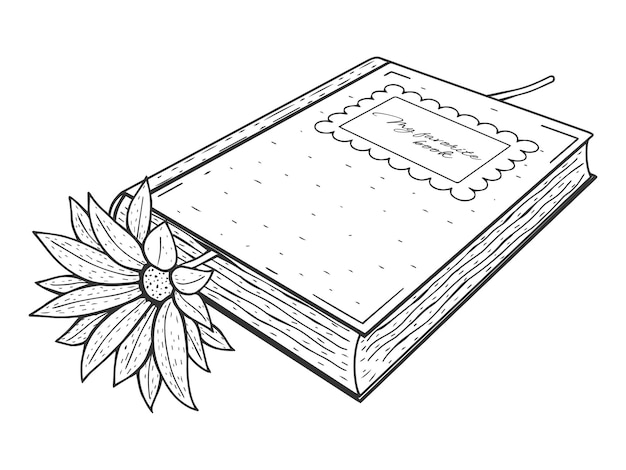 Libro dibujado a mano con flor. Blanco y negro, monocromo. Ilustración vectorial. Aislado en blanco. Tatuaje, arte lineal.