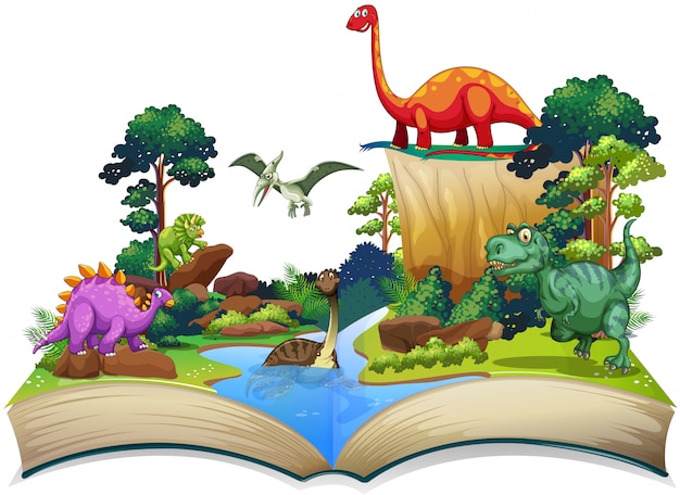 Vector libro de dinosaurios en el bosque.