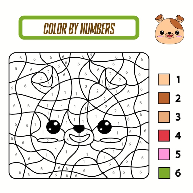 Vector libro educativo para colorear por números para niños en edad preescolar lindo perro de dibujos animados libro educativo para colorear con animales una tarjeta de entrenamiento con una tarea para niños en edad preescolar y jardín de infantes