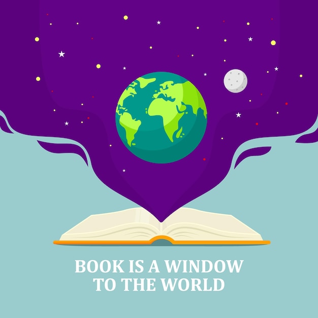 Vector el libro es una ventana al mundo del planeta tierra desde una ilustración de libro