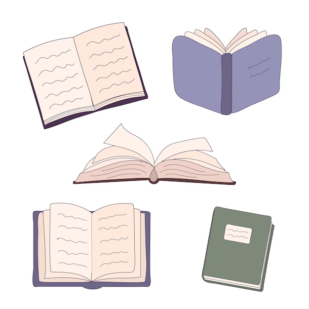 Libro escolar abierto y cerrado boceto ilustración conjunto Cuaderno doodle icono colección Diario dibujado a mano Ilustración de vector educativo en estilo de dibujos animados Icono de libro de arte de papel retro