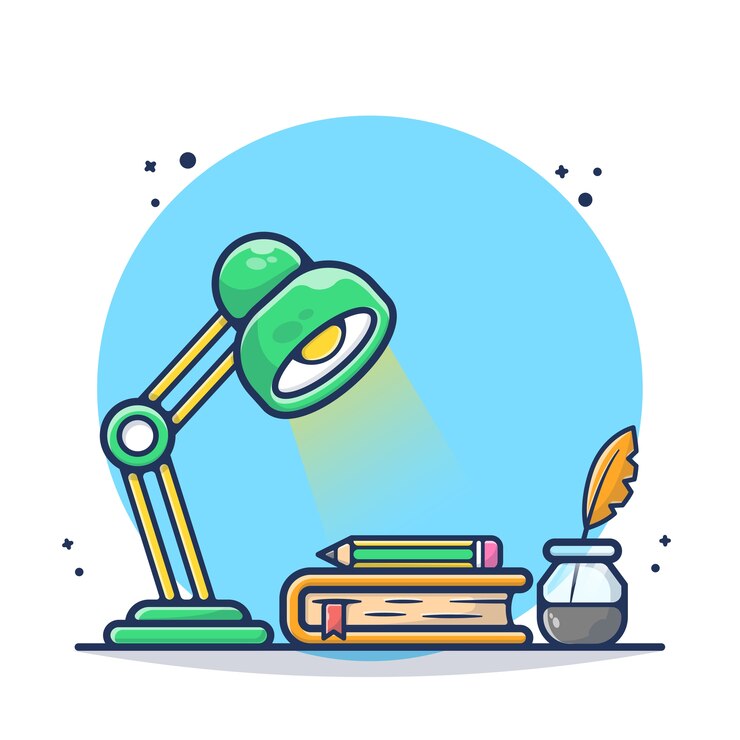 Libro de estudio con la pluma de la lámpara de mesa y la ilustración de la pluma. Espacio de trabajo, leer un libro, estudiar, aprender. Estilo de dibujos animados plana