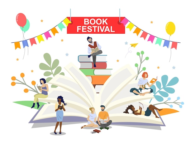 Libro festival cartel banner vector plantilla Gente leyendo libros Evento de literatura