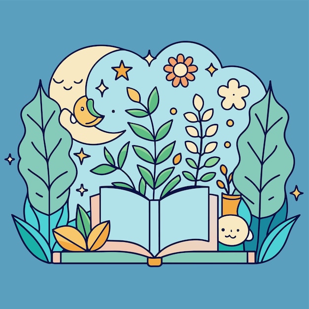 Vector un libro con una flor y un niño leyendo un libro