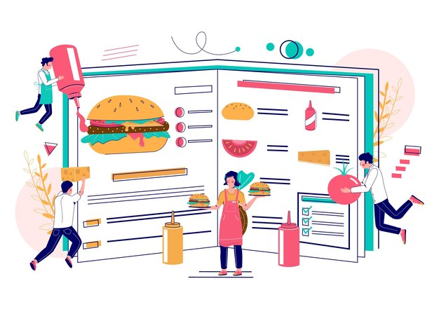 Libro de hamburguesas y cocineros personajes de dibujos animados cocinando hamburgueses grandes y deliciosos ilustración plana vectorial cocineros de restaurantes de comida rápida en uniforme preparando y sirviendo sabrosos bocadillos hamburguesos con queso