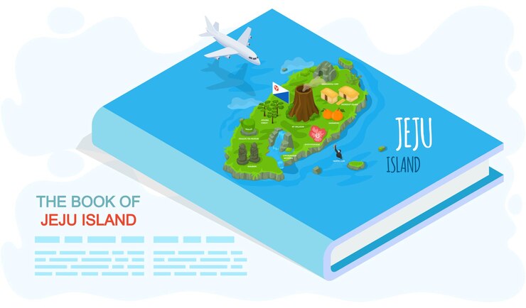 Vector el libro de la isla de jeju viaje a corea por puntos de referencia revista de viajes en estilo de dibujos animados con principales atracciones e inscripciones isla verde en corea del sur mar y tierra entretenimiento para viajeros