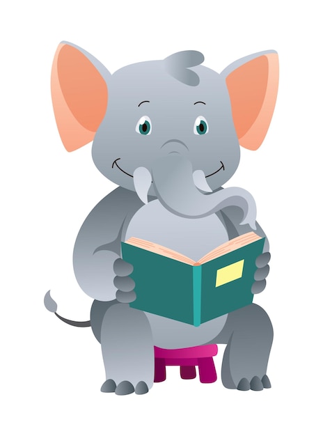 Libro de lectura de animales y estudio de bebé elefante niño personaje de lectura de libros símbolo de dibujos animados para
