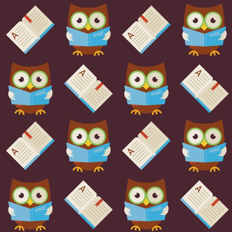 Vector libro de lectura de búho de sabiduría de patrones sin fisuras de vector plano. fondo de textura de vector de estilo plano moderno. plantilla de conocimiento. de vuelta a la escuela. búho pájaro de la sabiduría con libro abierto con marcador