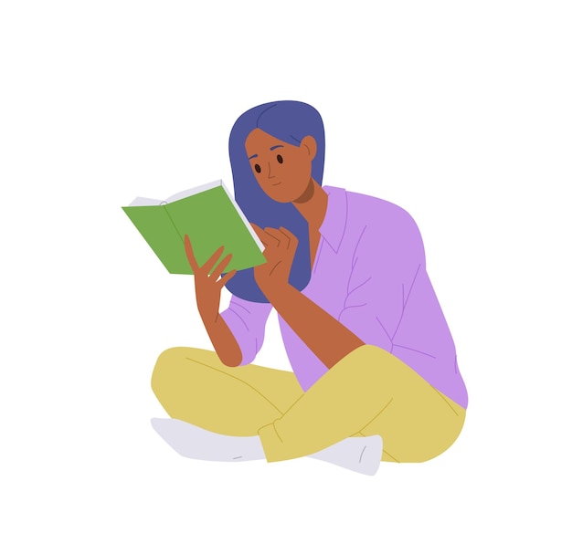 Libro de lectura de carácter de estudiante joven inteligente concentrada con interés disfrutando de la actividad de pasatiempo interior ilustración vectorial Cognición de autodesarrollo y conocimiento recibido de la literatura