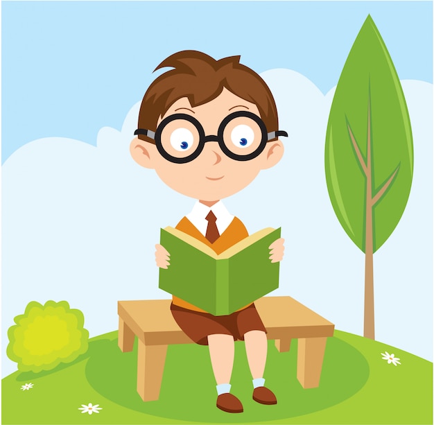 Un libro de lectura chico joven gafas en el parque