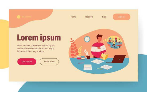Libro de lectura del estudiante triste en el escritorio con la computadora. Chico soñando con actividades al aire libre con amigos ilustración vectorial plana. Educación, concepto de tarea para banner, diseño de sitio web o página web de destino